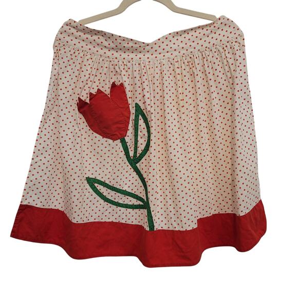 Tulip Applique Polka Dot Apron Red Trim Tie Waist Pocket Spring Kitchen Pin Up - Picture 1 of 7